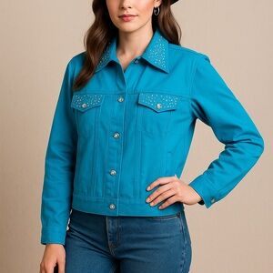 Vintage Don’t Mess With Texas Turquoise Rhinestone Denim Jacket Sz S Western